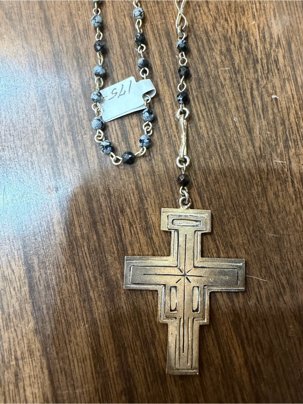 Virgins Saints & Angels Gold Cross Pendant Necklace with Black Beaded Chain